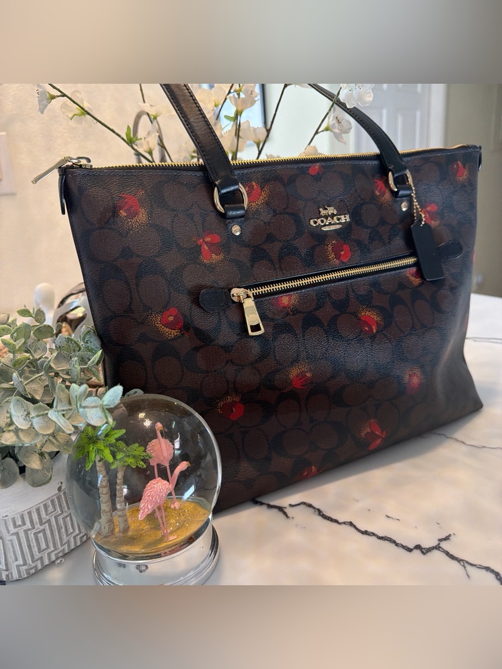 Coach Brown Signature Monogram Tote with Red Floral Accents - Picture 12 of 15